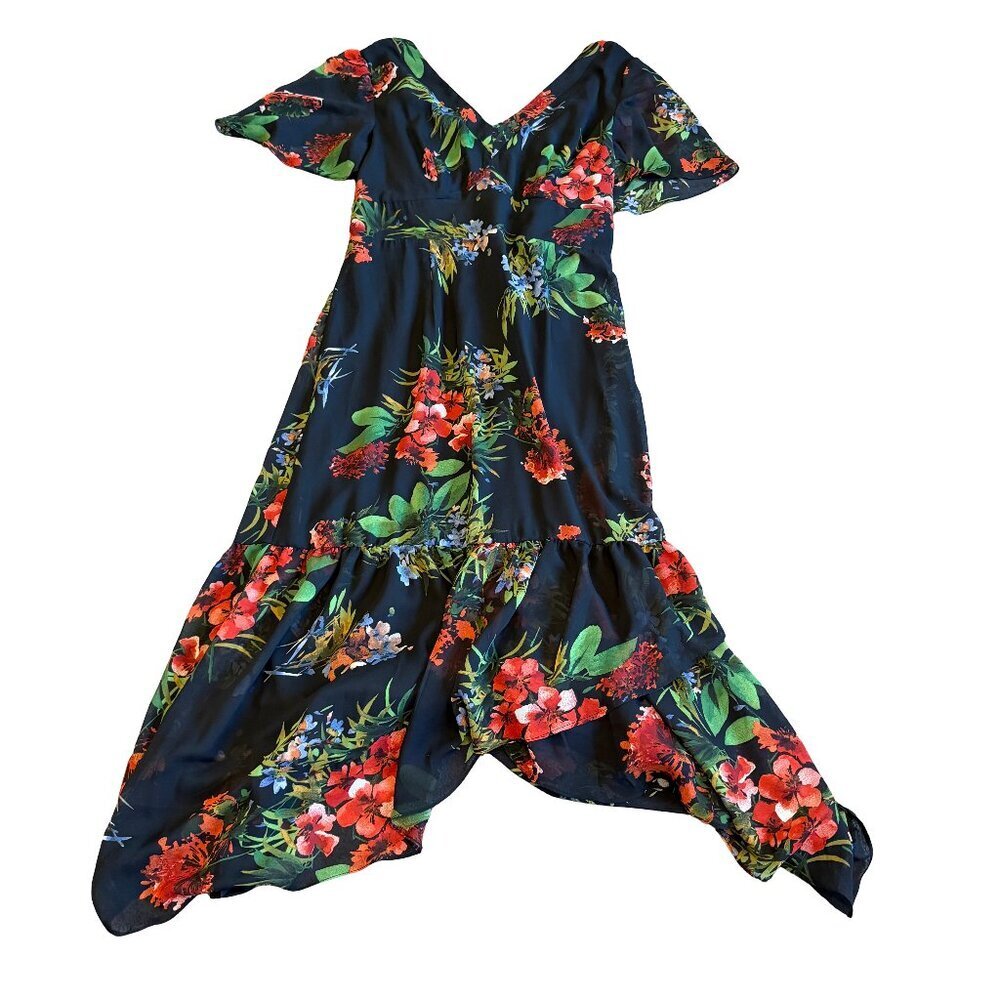 Julia Jordan Black Red Floral Print Flowy Hem Dress Flutter Sleeves Size Medium